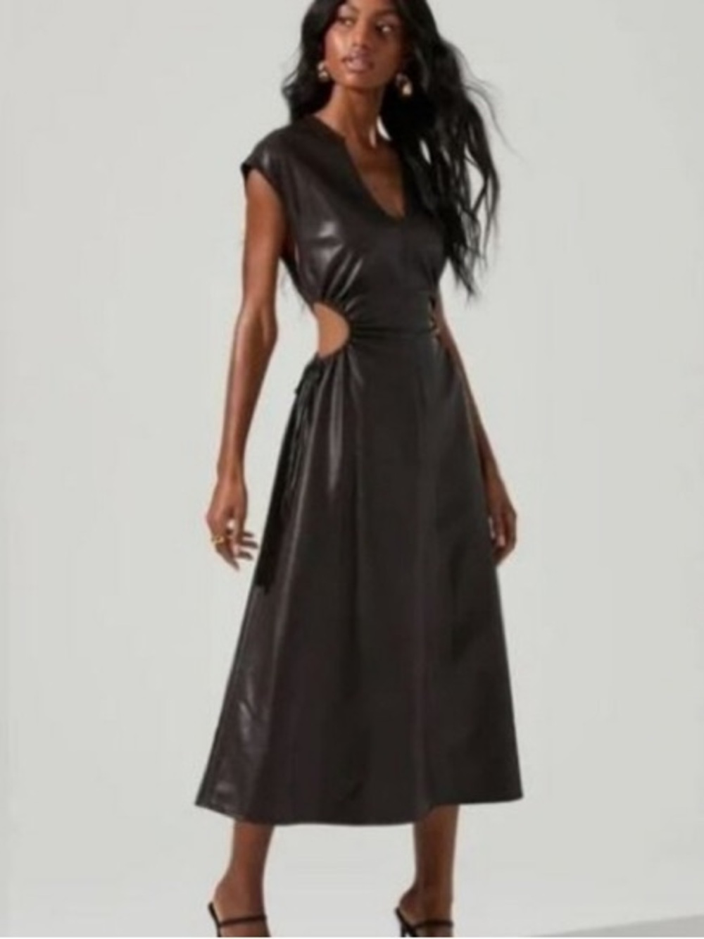 Astr Black Faux-Leather Midi Dress with Side Cutouts